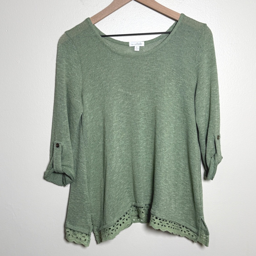 Charming Charlie Womens Sage Green Knit‎ Roll Tab Sleeve Eyelet Lace Hem Top L